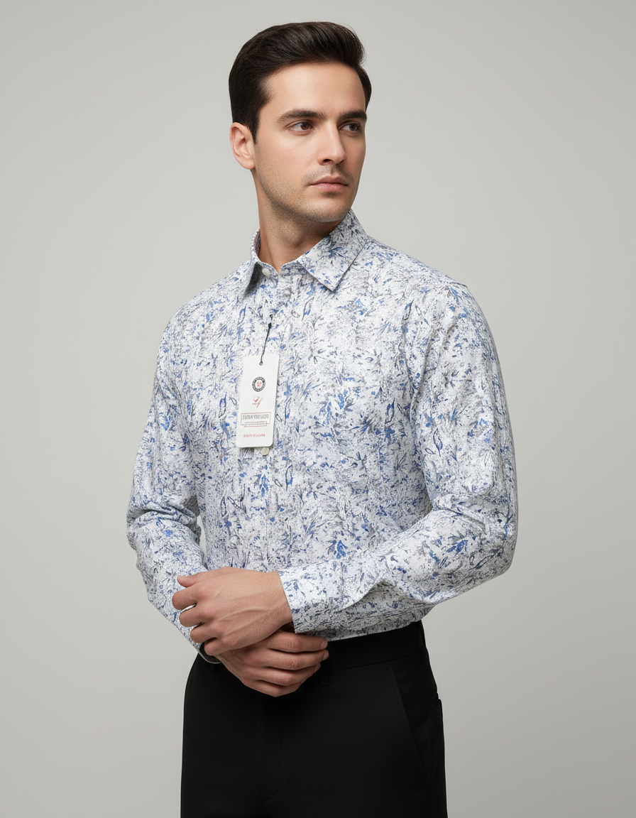 Men’s Premium Printed Full Sleeve Cotton Shirt – Blue & White2